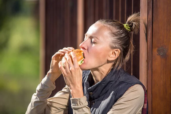 Closeup Funny Protrait Young Woman Bite Sandwich Her Two Hands — Stock Photo, Image