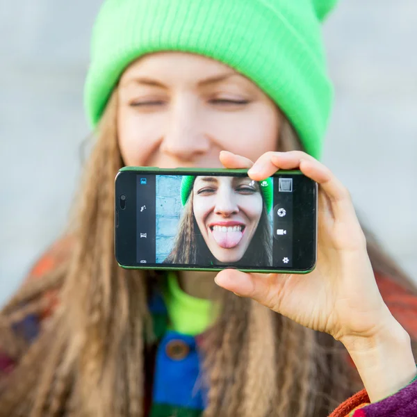 Selfie young hipster woman — Stock Photo, Image