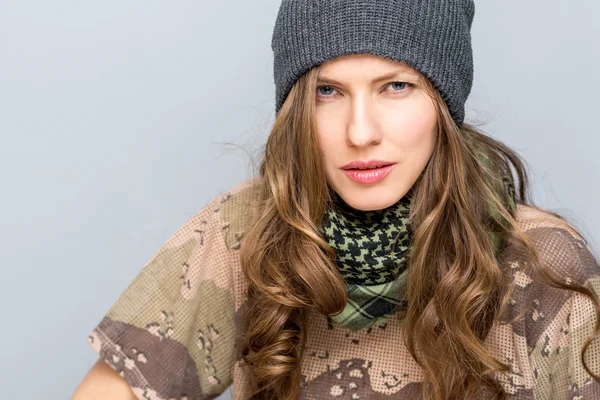 Portrait of stylish woman in military clothes — Stock Photo, Image