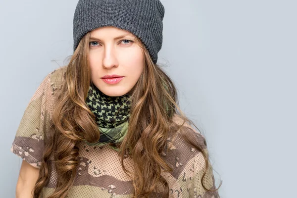 Portrait of stylish woman in military clothes — Stock Photo, Image