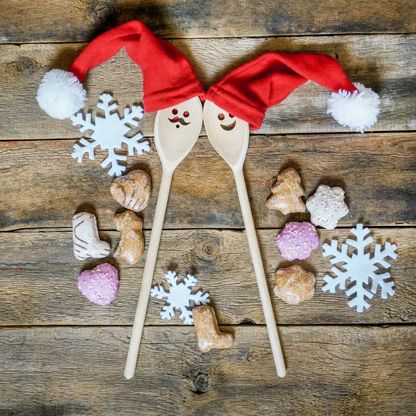 Funny christmas background with wooden spoons — Stock Photo, Image