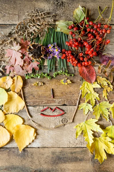 Dame Herbst aus gefallenen Herbstblättern, Beeren und Blumen — Stockfoto