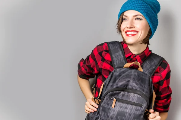 Happy tourist woman or student woman portrait — Stock Photo, Image