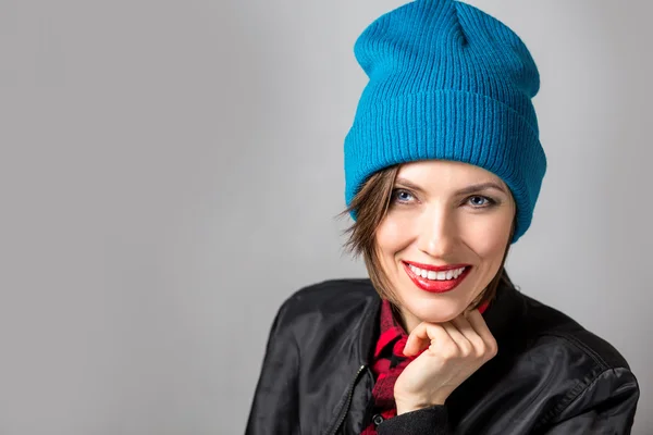 Closeup fashion studio portrait of hipster young woman — Stock Photo, Image