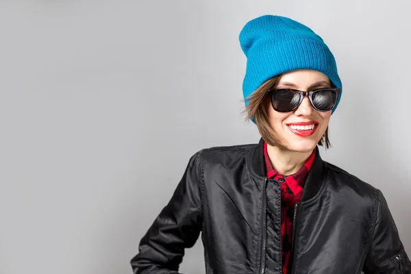 Closeup fashion studio portrait of hipster young woman — Stock Photo, Image