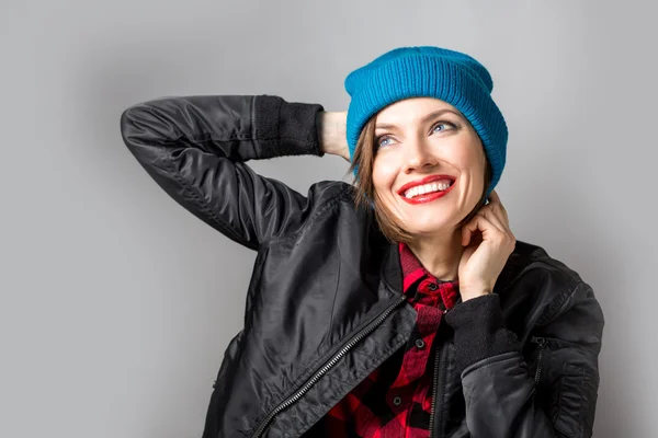 Closeup fashion studio portrait of hipster young woman — Stock Photo, Image