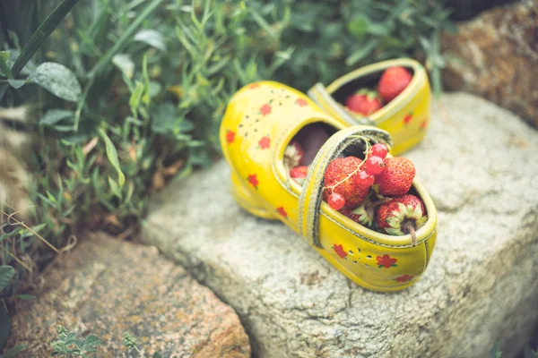 Aardbeien in de kleine babyslofjes meisjes — Stockfoto