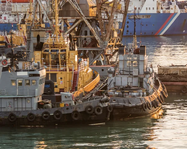 Парковка судов в порту на закате — стоковое фото