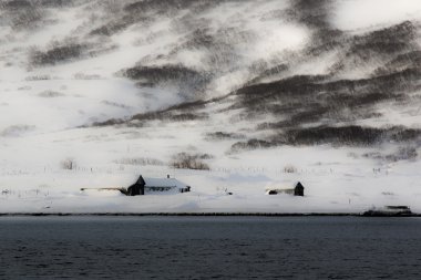 harap binalar deniz kenarında dağlarda kar ile kaplı.