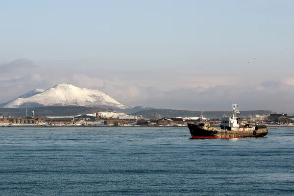 Snow-capped volcanoes near the sea — Stock Photo, Image