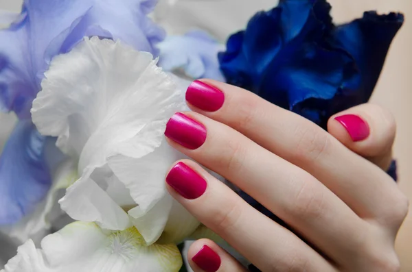Bella mano femminile con disegno chiodo rosa — Foto Stock