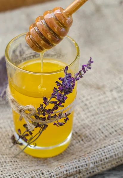 Honey in glass jar decorated with sprigs of dried lavender — Stock Photo, Image