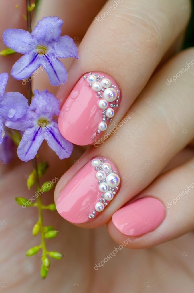 Pink manicure with mini pearls Stock Photo by ©DevMarya 88905130