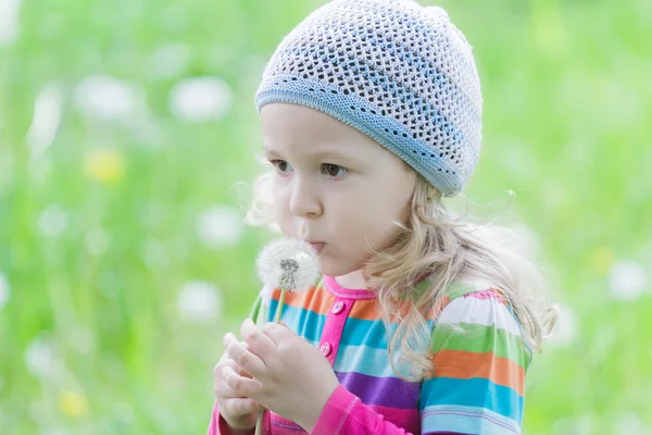 Little blonde girl wearing striped knitted hat blowing on white puffy dandelion seed head at her hand — Stock Photo, Image