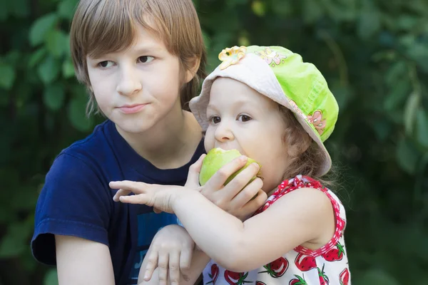 Fratello bambini condivisione mela verde frutta all'aperto — Foto Stock