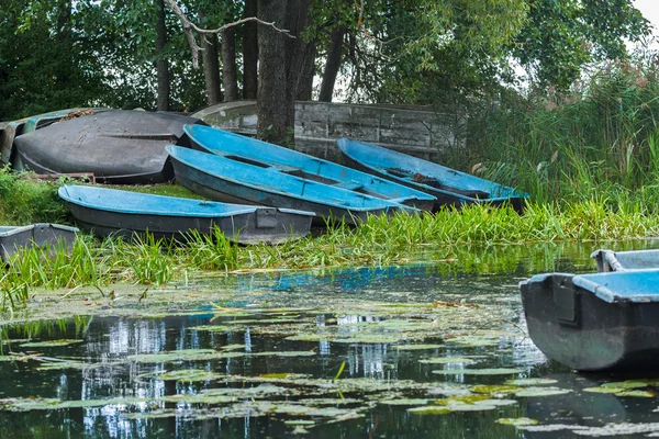 Paisagem com velhos barcos a remo de madeira azul pousando na margem do rio verde — Fotografia de Stock