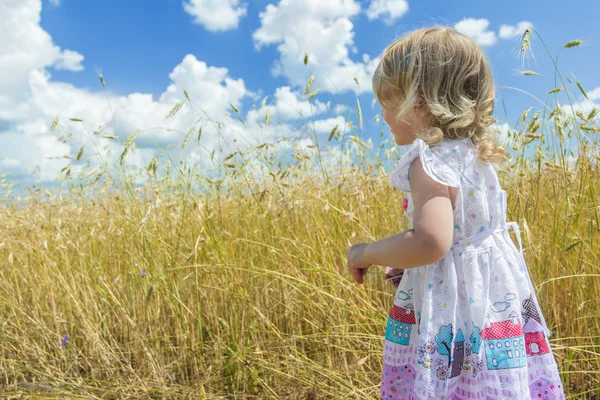 Rückseite Porträt eines zweijährigen blonden Mädchens beim Anblick eines Bauernhofes — Stockfoto