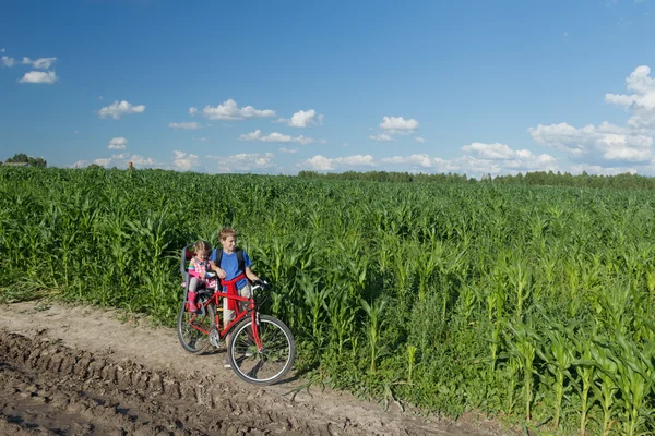 Teenage boy carrying his little sibling sister on baby bike seat on farm corn field summer dirt road — Stock Photo, Image