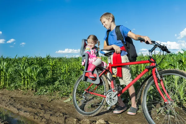 Sibling teenage boy cycling with his little sibling sister on baby bike seat on farm corn field dirt road — Stock Photo, Image