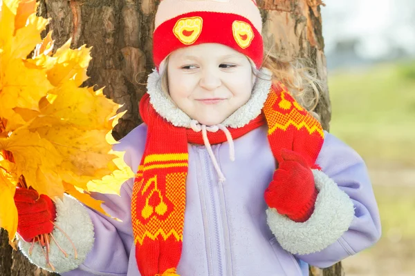 Маленькая девочка держит желтый с золотыми осенними листьями кучу в руке открытый портрет — стоковое фото