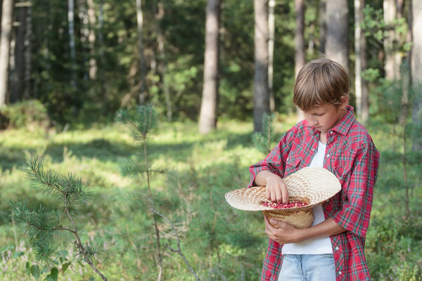 Teenage boy tasting fresh red wildberries