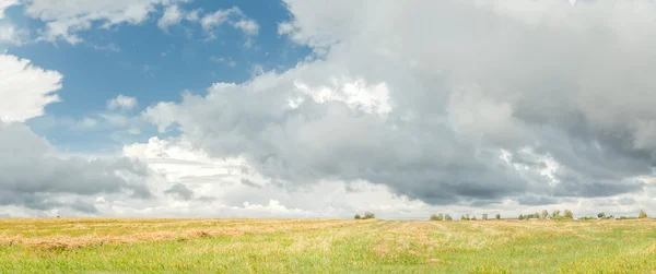 Cumulus on azure sky above harvested grain field — Stock Photo, Image