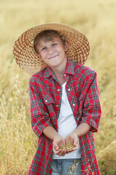 Ritratto di adolescente sorridente fattoria ragazzo sta controllando semi di avena in palme a coppa al campo tempo del raccolto — Foto Stock