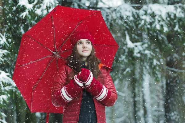 Genç kadın holding tam olarak katlanabilir şemsiye kar fırtınası içinde gülümseyen kış açık havada portresi Telifsiz Stok Fotoğraflar