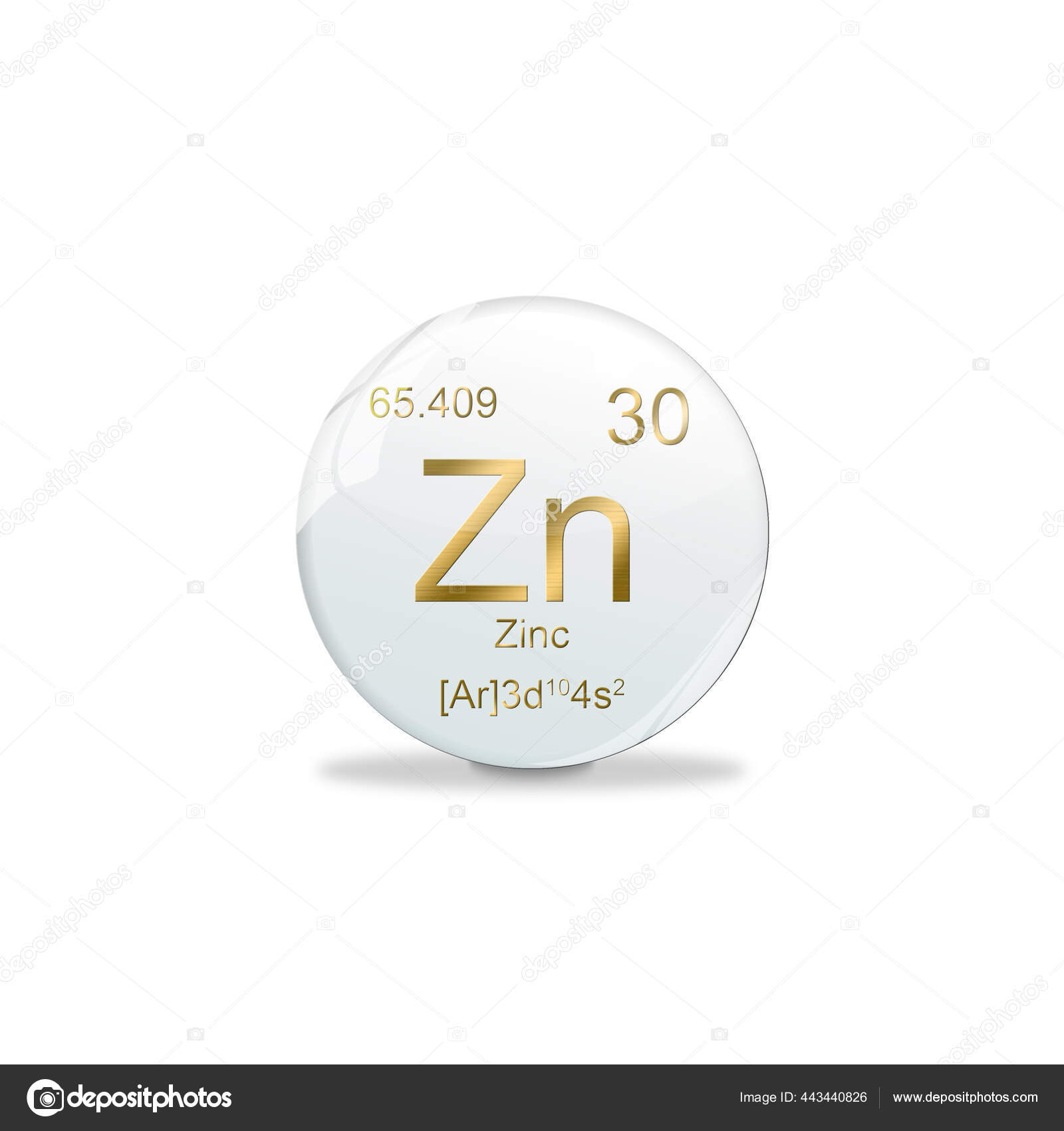 3DIllustration, Zinc symbol Zn. Element of the periodic table on white ball with golden signs