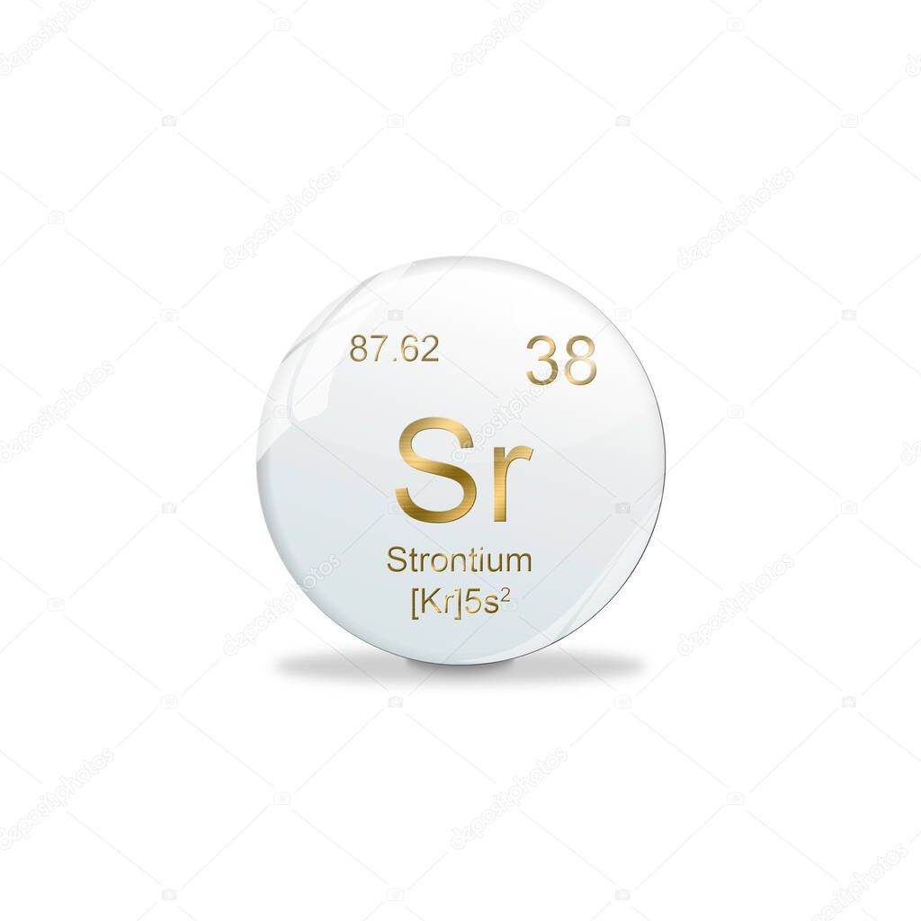 3D-Illustration, Strontium symbol - Sr. Element of the periodic table on white ball with golden signs. White background
