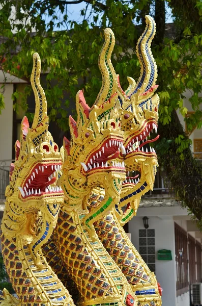 Gold half snake, half-dragons decorating Naga staircase to Wat Wichit Sangkaram, Phuket, Thailand — Stock Photo, Image