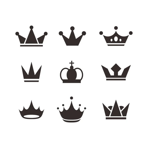 Zestaw Simple Flat Black Crown Ikona Ilustracja Projekt Silhouette Kolekcja — Wektor stockowy