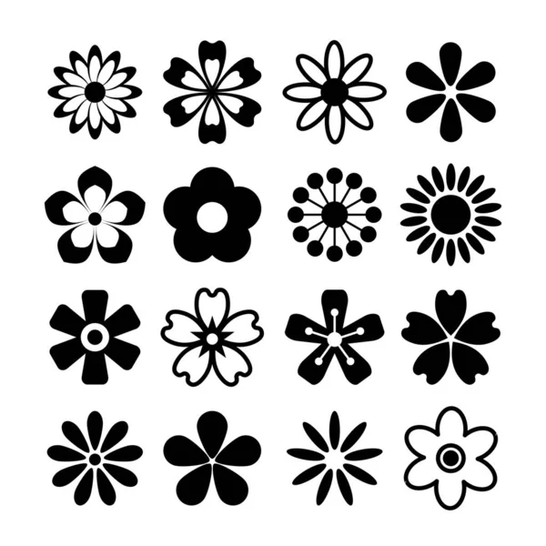 Set Various Silhouette Flower Vector Top View Flower Symbol Icon — Stock Vector
