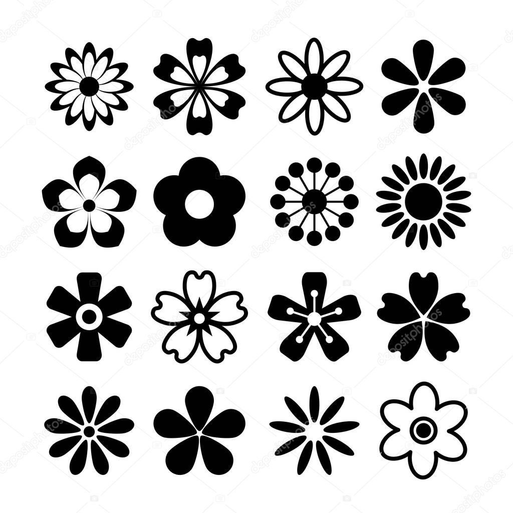 Set of Various Silhouette Flower Vector with Top View, Flower Symbol, Icon, Logo Collection Template Design