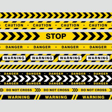 Set of seamless warning tape design template vector. warning, caution, danger tape collection with yellow and black color