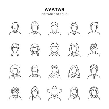 Minimalist çizgi sanatında çeşitli düzenlenebilir avatar ana hatları simgeleri, beyaz arka planda farklı insanların profillerini ve stillerini gösterir.