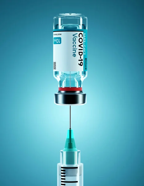 Sars Cov2ワクチンの概念 Covid 19ワクチンのガラス瓶に入った医療用針 医学研究3Dイラスト — ストック写真