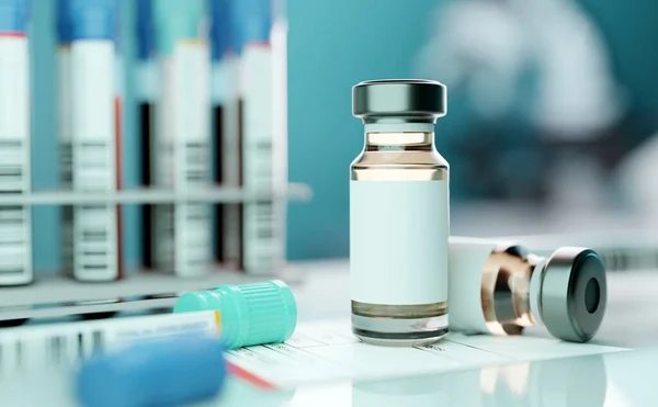 Generisk Flaska Med Läkemedelsvaccin Laboratoriemiljö Illustration Bakgrund — Stockfoto