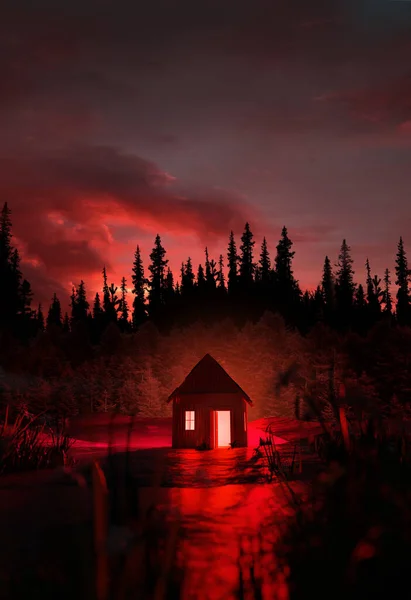 Man Stands Front Creepy Glowing Red Abandoned Cabin Isolated Niddle — Stock Photo, Image