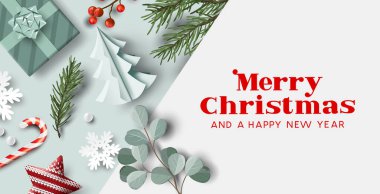 Bitkiler, hediyeler ve mesajlar için odası olan Xmas dekorasyonlarıyla birlikte kış yılbaşı yerleşimi. Vektör illüstrasyonu.