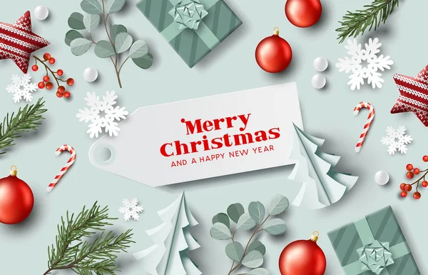 Décorations Arbres Noël Cadeaux Enveloppés Plantes Hiver Mise Page Fond — Image vectorielle