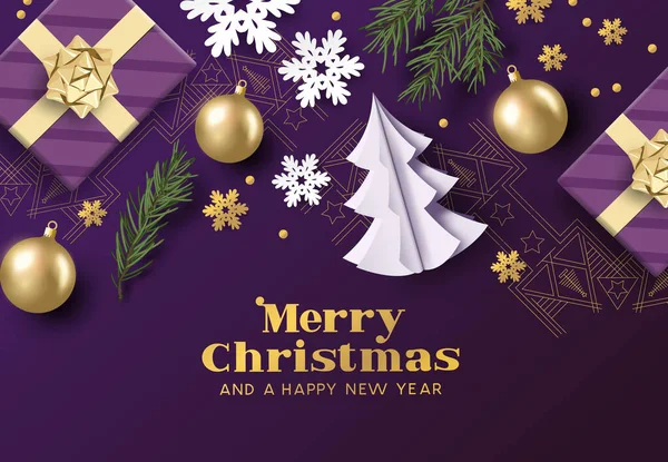 Merry Christmas Lay Out Compositie Met Paarse Gouden Kleuren Kerstversiering — Stockvector