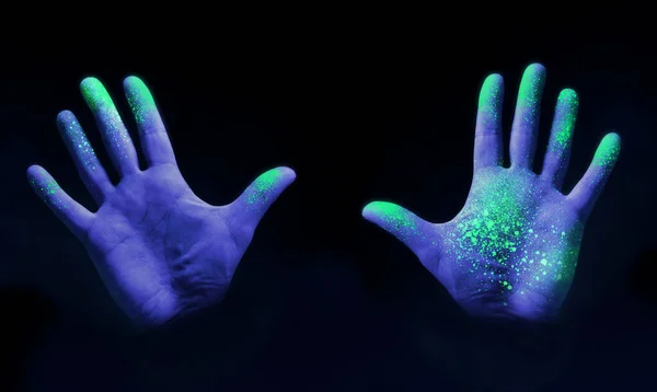 Human Hands Glowing Ultra Violet Light Showing Bacteria Viruses Black — Stock Photo, Image