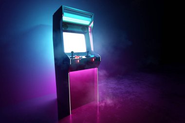 Neon pembe ve cyan parlayan retro oyunlar atari makinesi arka planı. 3B illüstrasyon.