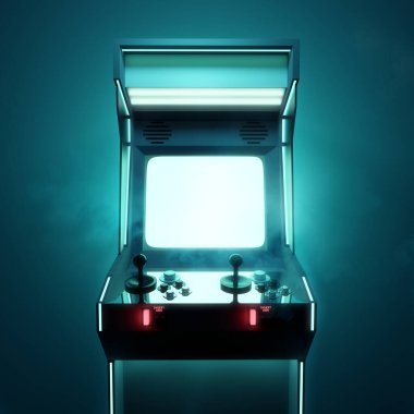 İki oyuncu için büyük boş ekranlı bir retro video oyunları dövüş makinesi. 3 Boyutlu resimleme.