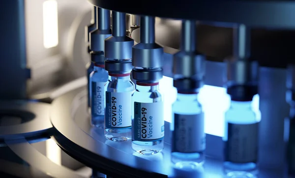 新しいワクチンの開発と製造プロセス Covid 19ワクチンの最終生成 バイオサイエンス3Dイラスト — ストック写真