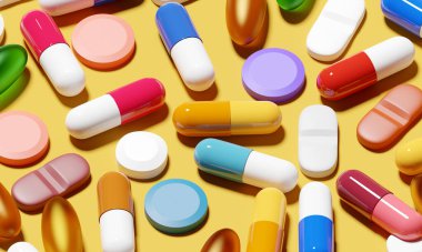 Çeşitli tıbbi durumlar için tıbbi ilaçların ve antibiyotiklerin geçmişi. 3B illüstrasyon