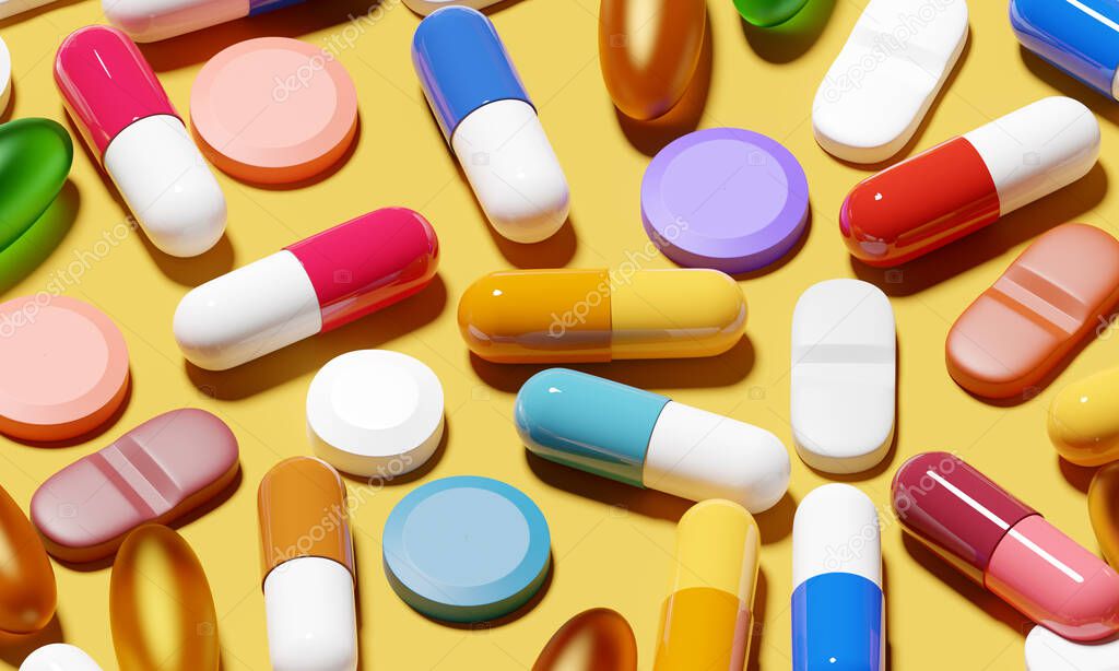 A background of medical pills and antibiotics for a variety of medical conditions. 3D illustration