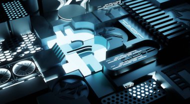 Kripto para birimi donanımı ve Bitcoin madencilik teknolojisi geçmişi. 3B illüstrasyon