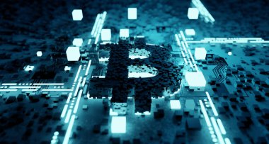 Kripto para birimi Bitcoin donanım teknolojisi arka plan kavramı. 3B illüstrasyon